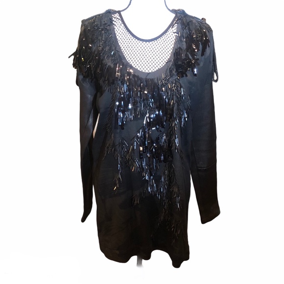 BARBARA BUI RUNWAY EMBELLISHED BLACK MINI DRESS WITH MESH SHIRT SIZE 40 - Picture 3 of 16